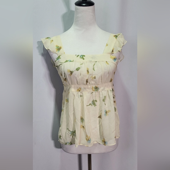 Frenzii Women's NWOT Light Yellow Sheer Floral Sleeveless Ruffle Blouse Sz Small - Picture 1 of 7